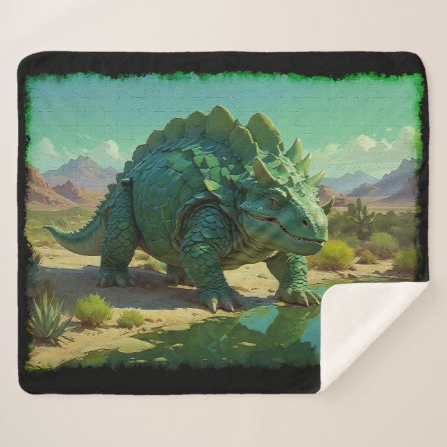 Green Stegosaurus and Desert Pool Sherpa Blanket (Front (Horizontal))