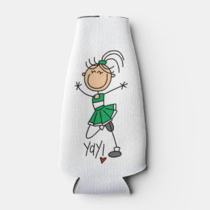 Green Stick Figure Cheerleader Bottle Cooler