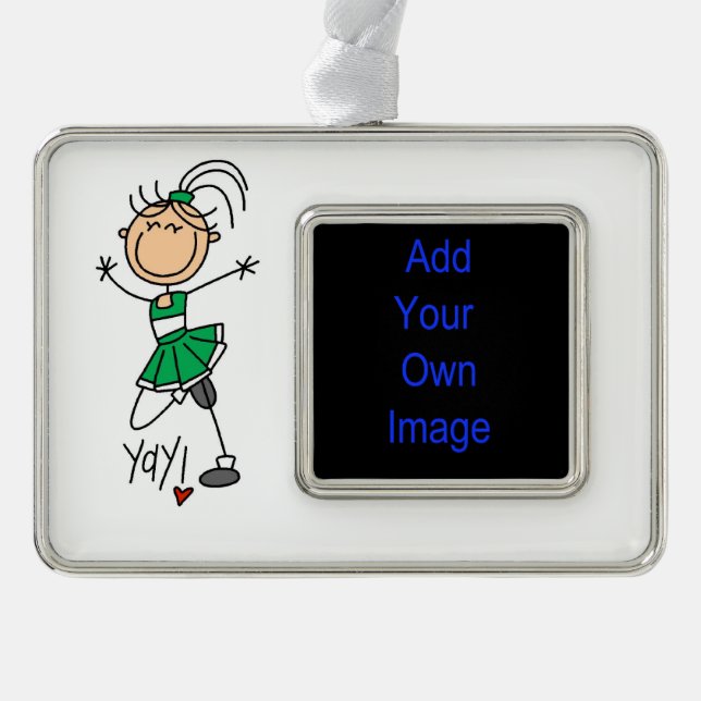 Green Stick Figure Cheerleader Silver Plated Framed Ornament (Front)