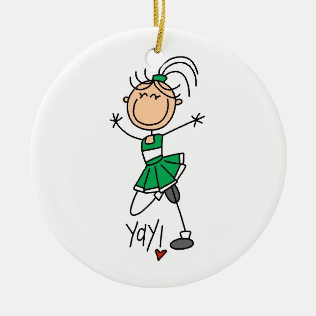 Green Stick Figure Cheerleader t-shirts and Gifts Ceramic Tree Decoration (Front)