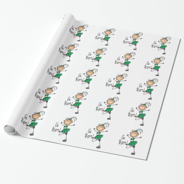 Green Stick Figure Cheerleader Wrapping Paper (Unrolled)