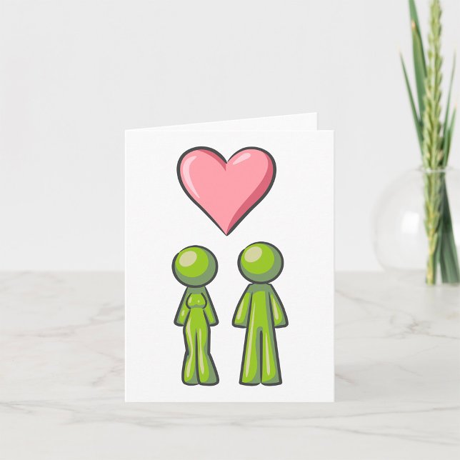Green Stick Figure Couple Pink Heart Love Card (Creator Uploaded)
