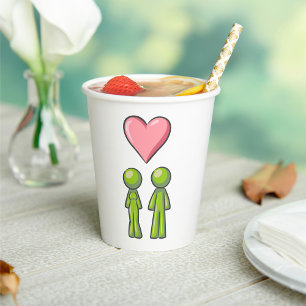 Green Stick Figure Couple Pink Heart Love Paper Cups
