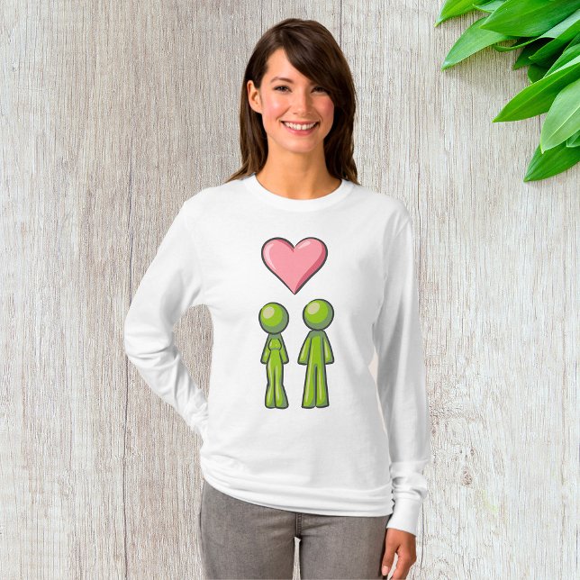 Green Stick Figure Couple Pink Heart Love T-Shirt (Creator Uploaded)