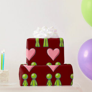 Green Stick Figure Couple Pink Heart Love Wrapping Paper