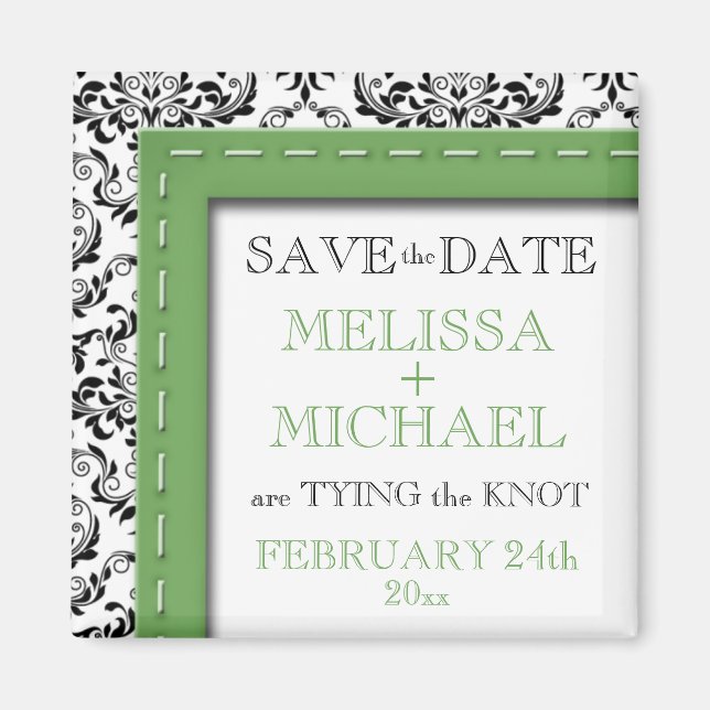 Green Stitched Damask Save the Date Magnet (Front)