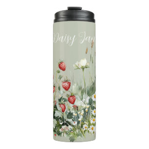 Green Strawberries Daisy Flowers Thermal Tumbler
