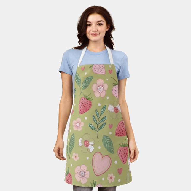 Green Strawberry Pattern All-Over Print Apron (Worn)