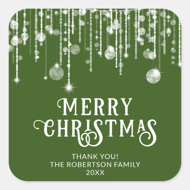 Green String Lights Christmas Party Favour Square Sticker (Front)