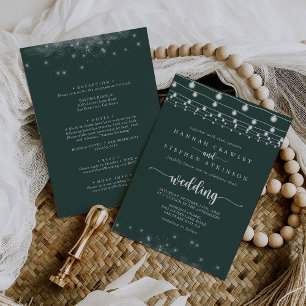Green String Lights Stars Front & Back Wedding  Invitation