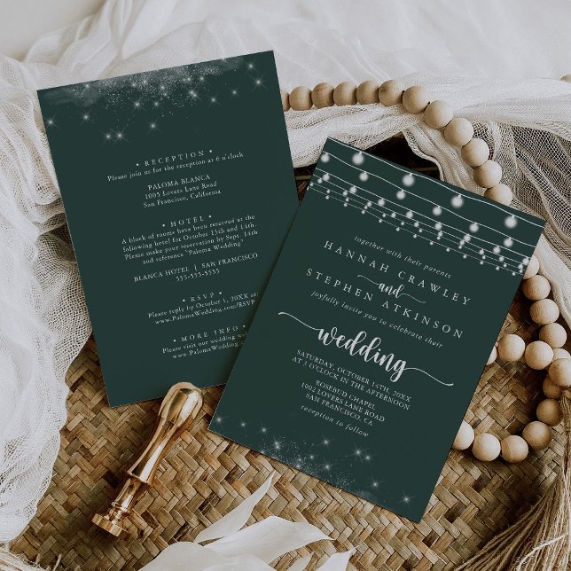 Green String Lights Stars Front & Back Wedding  Invitation (Creator Uploaded)