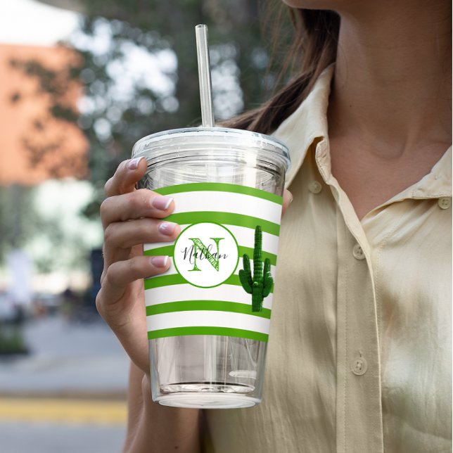 Green Stripe and Saguaro Monogrammed Personalised Acrylic Tumbler (Creator Uploaded)