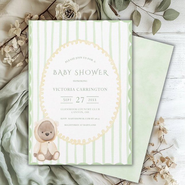 Green Stripe Bear Vintage Baby Shower  Invitation (Creator Uploaded)