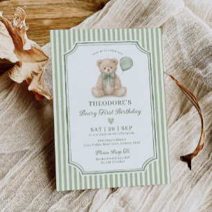 Green Stripe Beary First Birthday Teddy Bear Party Invitation
