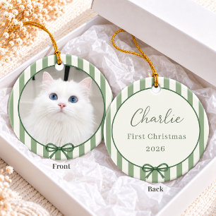 Green Stripe Bow Pet Photo First Christmas Ceramic Tree Decoration