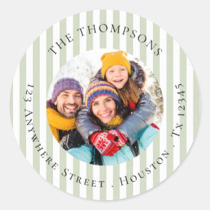 Green Stripe Family Photo Christmas Return Address Classic Round Sticker