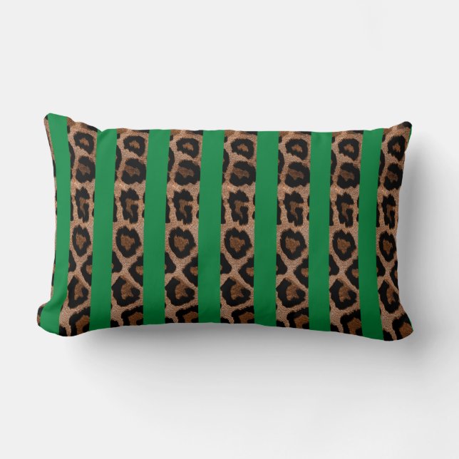 Green Stripe Leopard Print Lumbar Throw Pillow (Front)