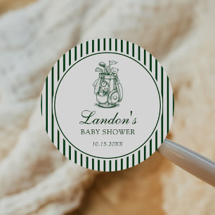 Green Stripe New to the Club Golf Baby Shower Classic Round Sticker