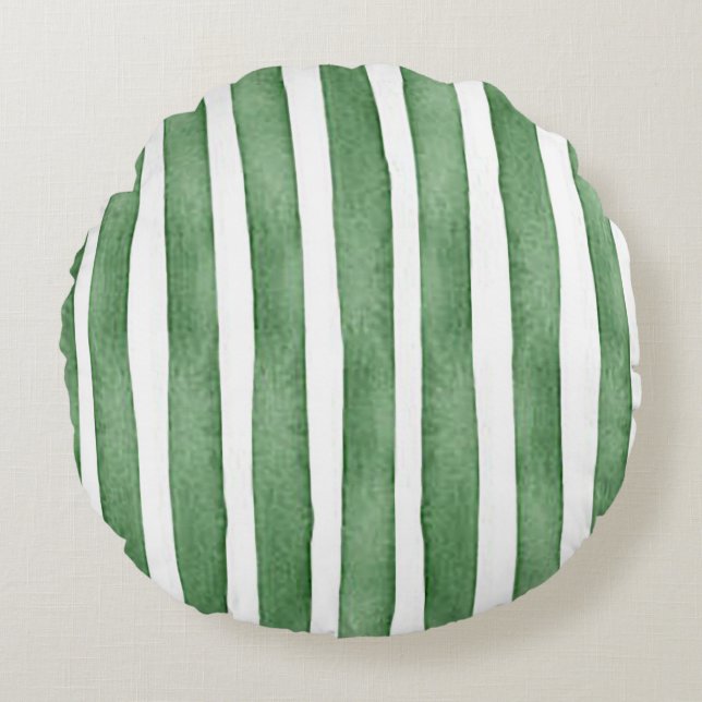 Green Stripe Water Colour Round Throw Pillow (Front)