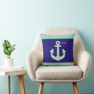 green striped anchor on blue personalised nautical cushion