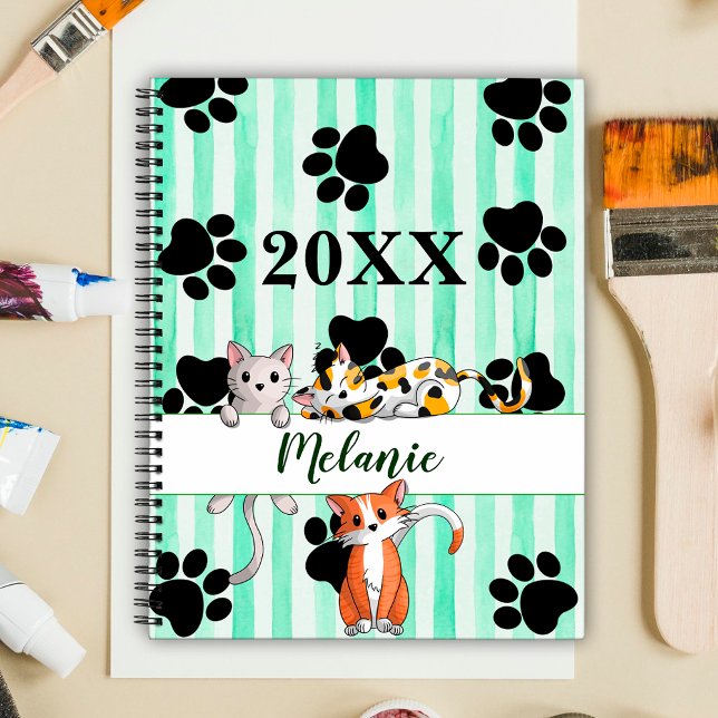 Green striped background kittens & paws customised planner (Creator Uploaded)