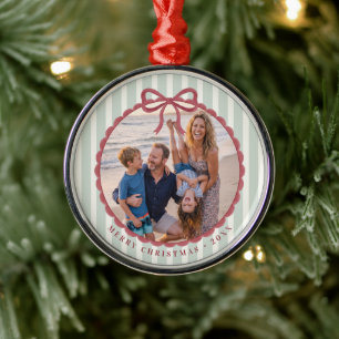 Green Striped Bow Christmas Photo Metal Tree Decoration