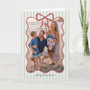 Green Striped Bow Frame Christmas Photo Holiday Card