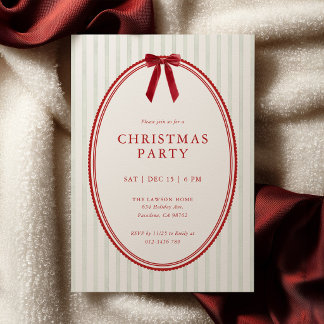 Green Striped Bow Preppy Christmas Party Invite