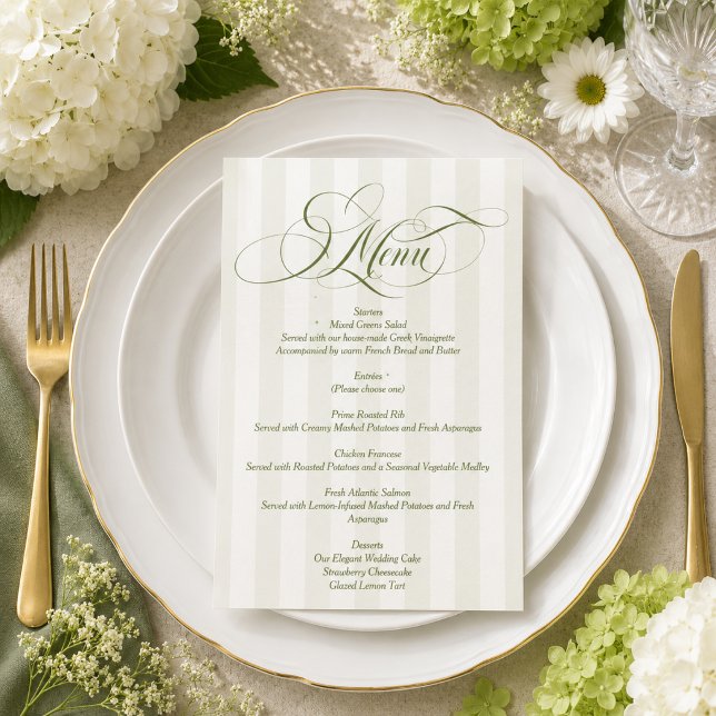 Green Striped Elegant Script Wedding Menu Card (Creator Uploaded)