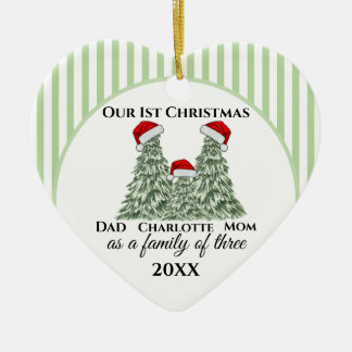 Green Striped First Christmas As Family of Three Ceramic Tree Decoration