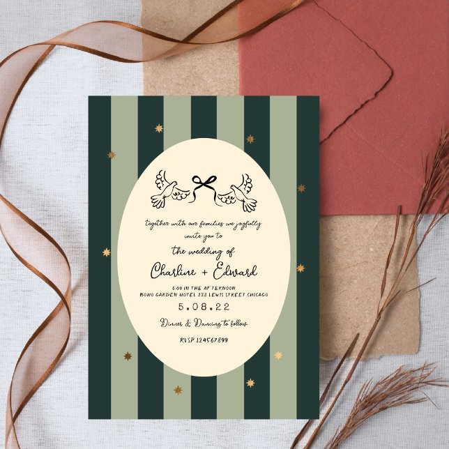 Green Striped Gold Star Wedding  Invitation (Creator Uploaded)