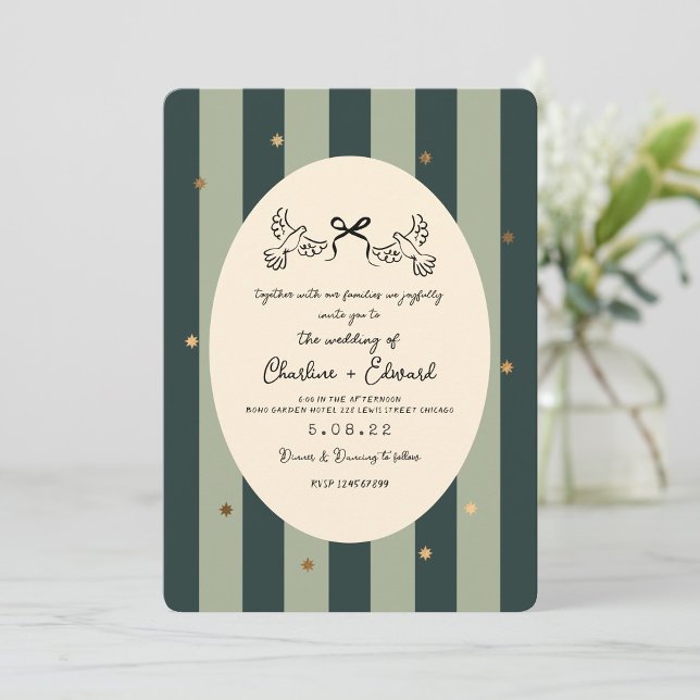 Green Striped Gold Star Wedding  Invitation (Creator Uploaded)