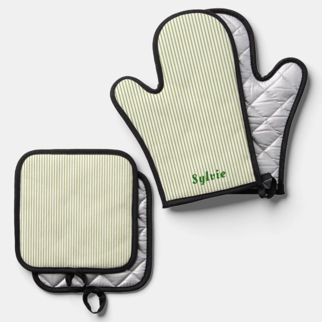 Green striped, green name  oven mitt & pot holder set (Front/Back)