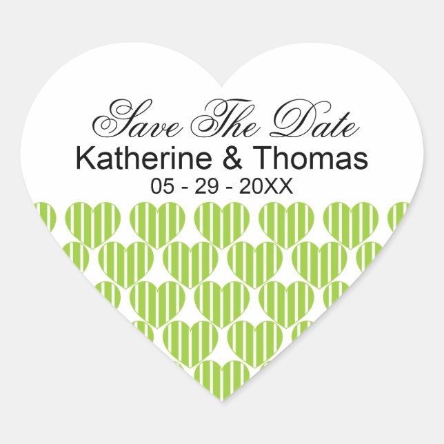 Green Striped Hearts Save The Date Stickers (Front)