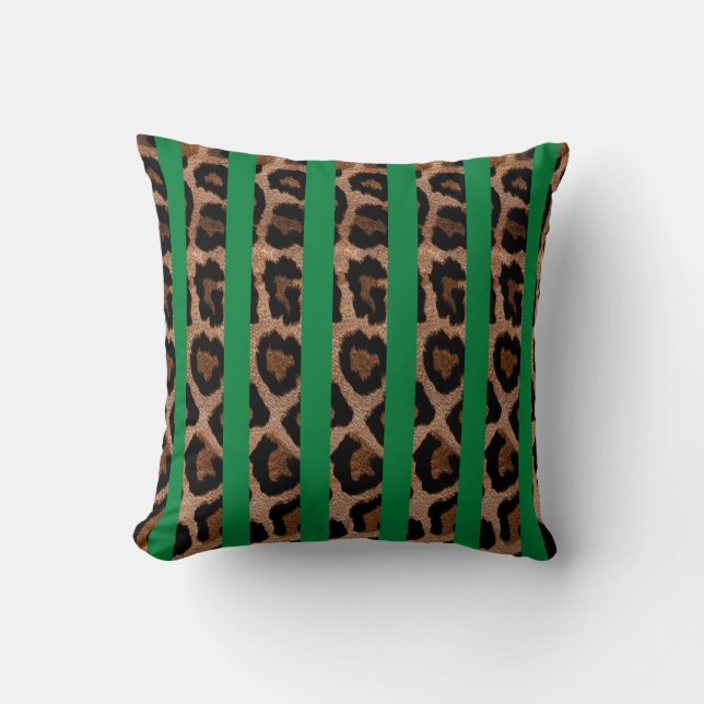 Green Striped Leopard Print Throw Pillow (Front)