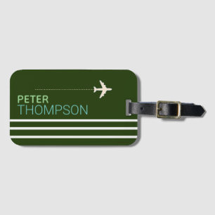 green striped luggage tag with name