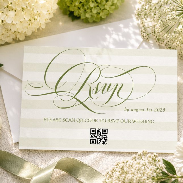Green Striped Luxury Calligraphy Wedding RSVP Card (Creator Uploaded)