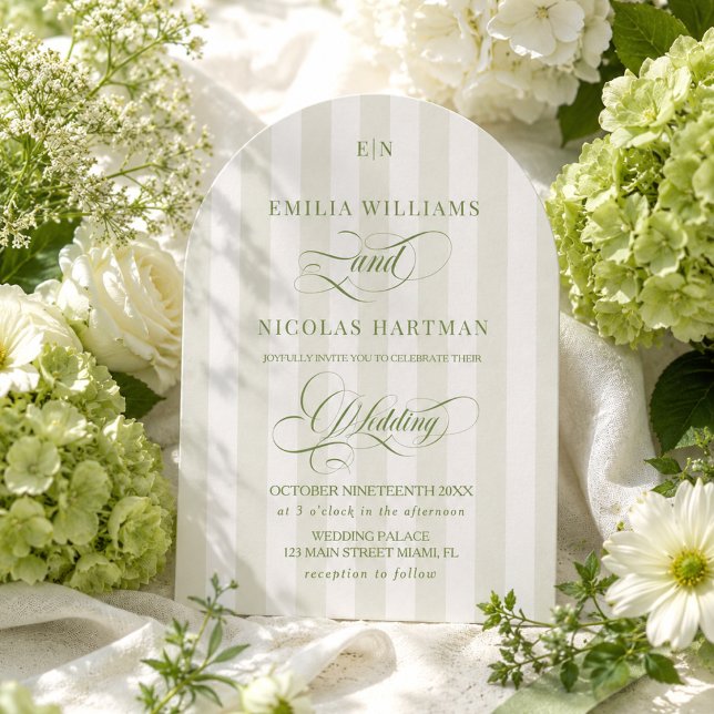 Green Striped Monogram Garden Wedding Invitation (Creator Uploaded)