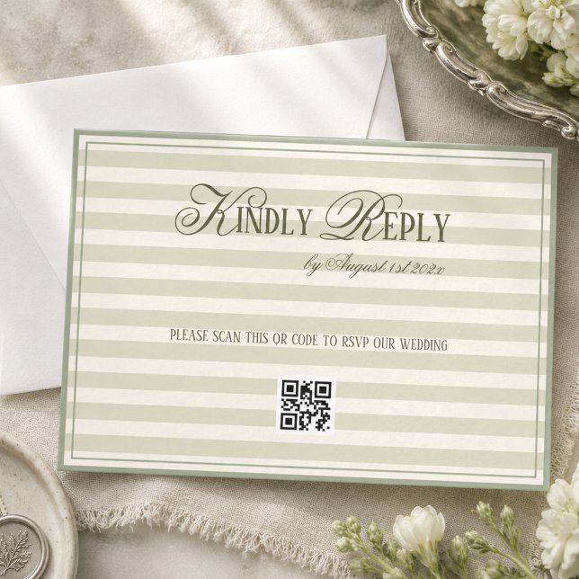 Green Striped Old Money Wedding QR code RSVP Card (Creator Uploaded)
