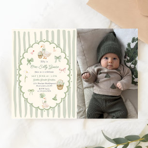 Green Striped One Silly Goose Birthday Photo Invitation
