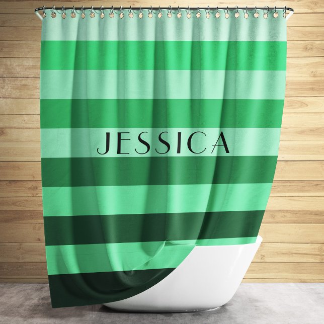 Green Striped Pattern Personalised Name Shower Curtain (Modern Green Stripes Pattern Name Shower Curtain)