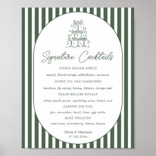 Green Striped Preppy Cabana Wedding Bar Menu Poster