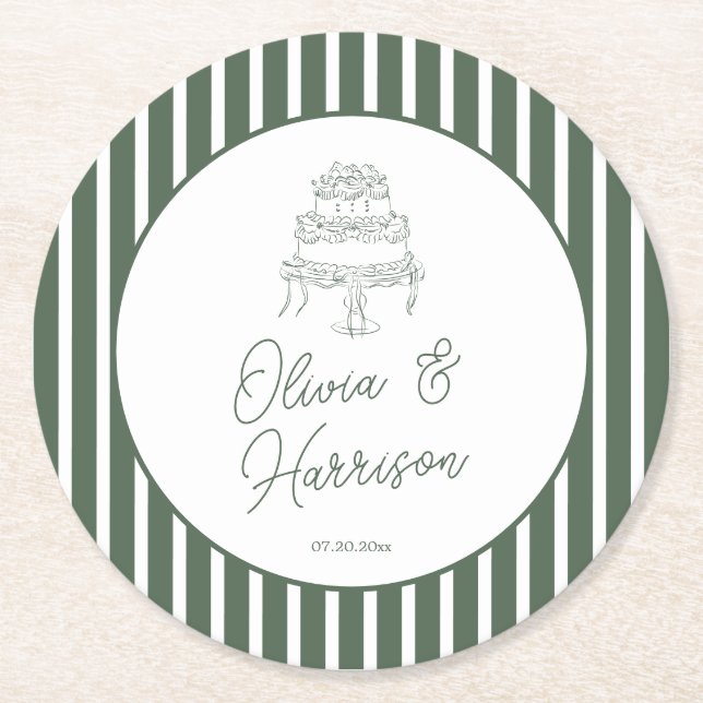 Green Striped Preppy Cabana Wedding Paper Coaster (Front)