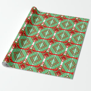 Green Striped Red Bow Accent Retro Christmas Wrapping Paper