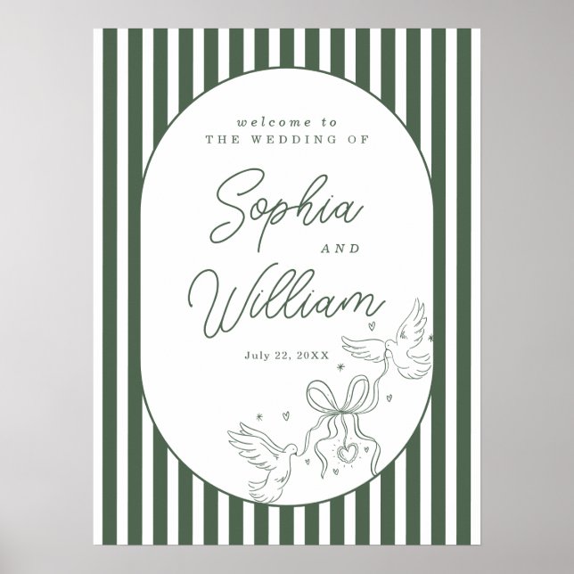 Green Striped Romantic Preppy Wedding Welcome Sign (Front)