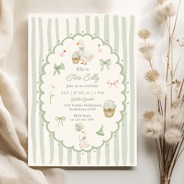 Green Striped Two Silly  Birthday  Invitation (Creator Uploaded)