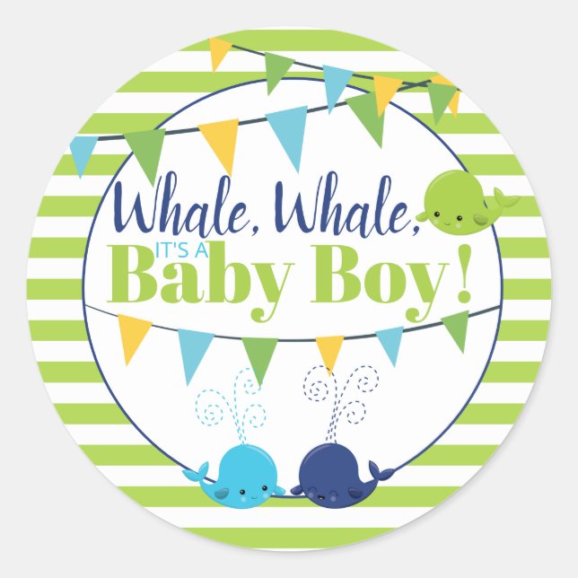 Green Striped Whales It's A Boy Baby Announcement Classic Round Sticker (Front)