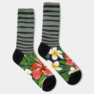 Green stripes and Hibiscus blossom, Secretly Wild Socks