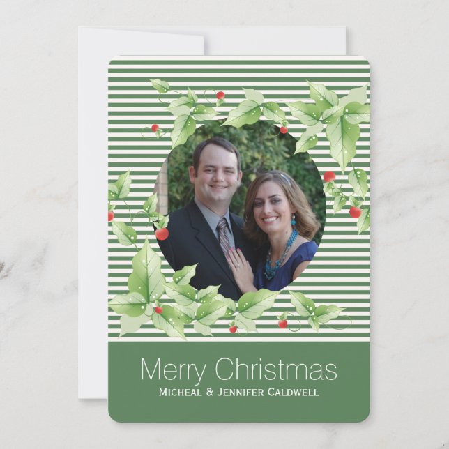 Green Stripes and Holly Photo Holiday Card (Front)