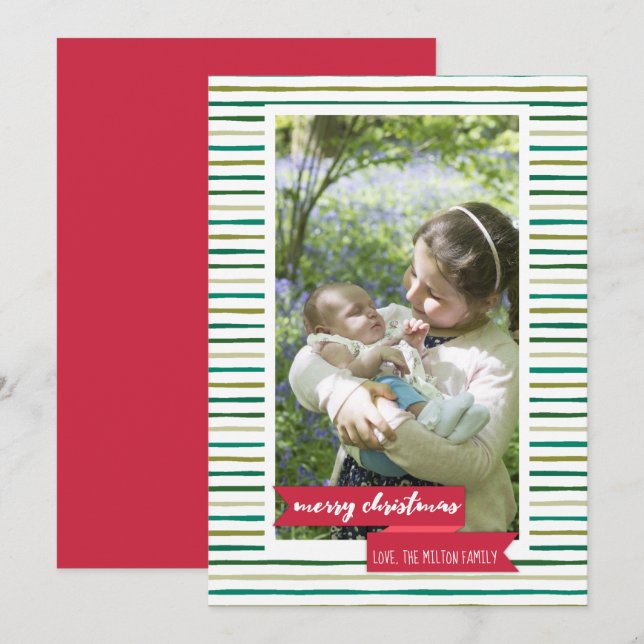 Green stripes and red banner Photo Christmas Card (Front/Back)